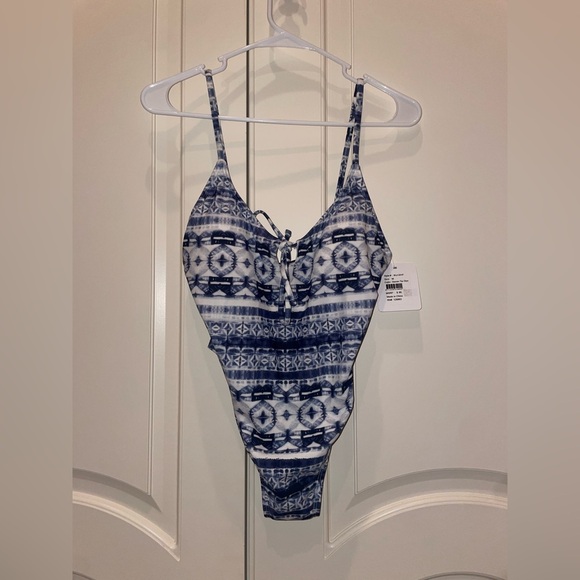 Indigo Rein blue and white Aztec tie dye one piece swimsuit with high leg - Picture 2 of 6